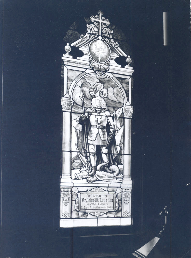 Window depicts McLoughlin as a Knight of St. Gregory.