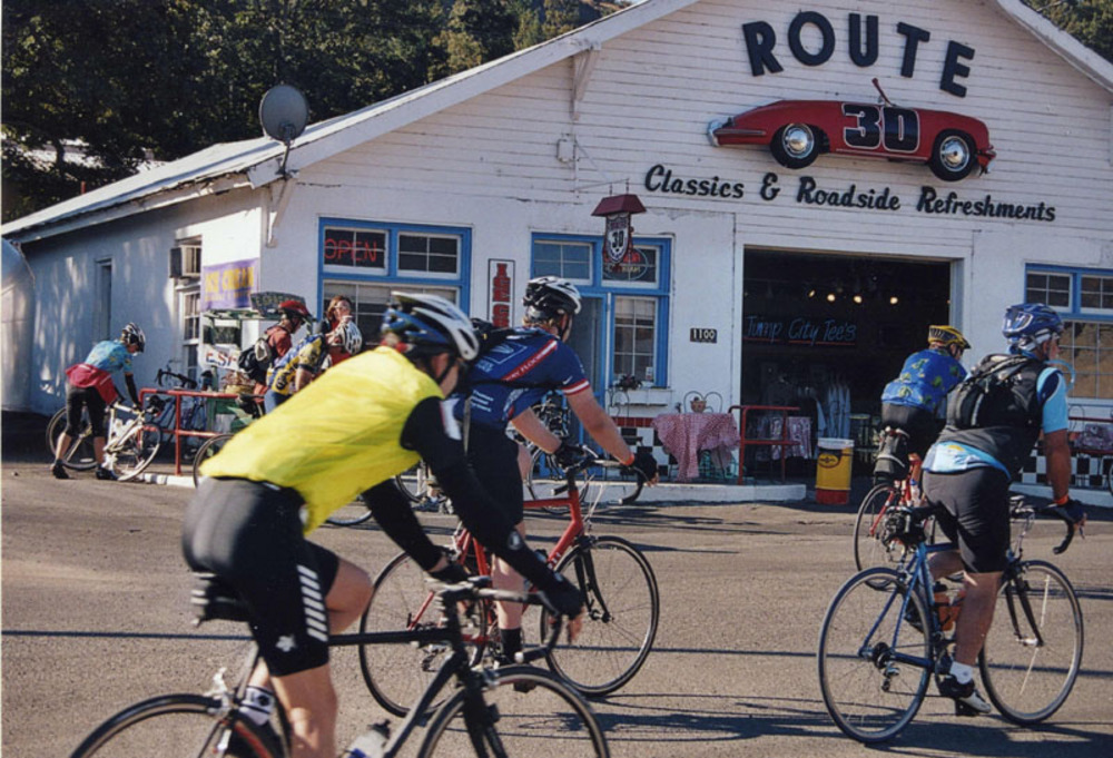 Cyclists in downtown Mosier.