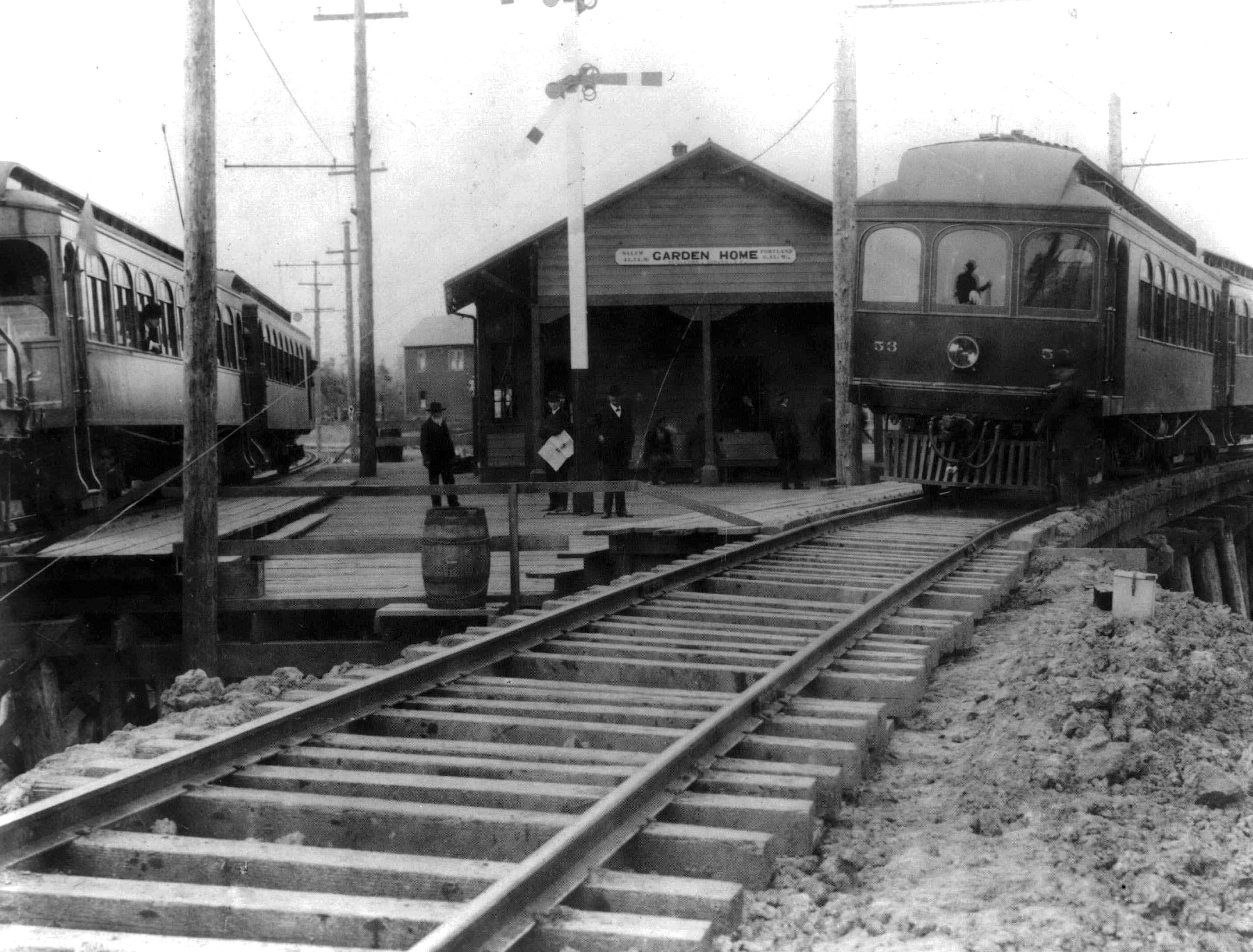 Oregon Electric trains at Garden Home, about 1911.