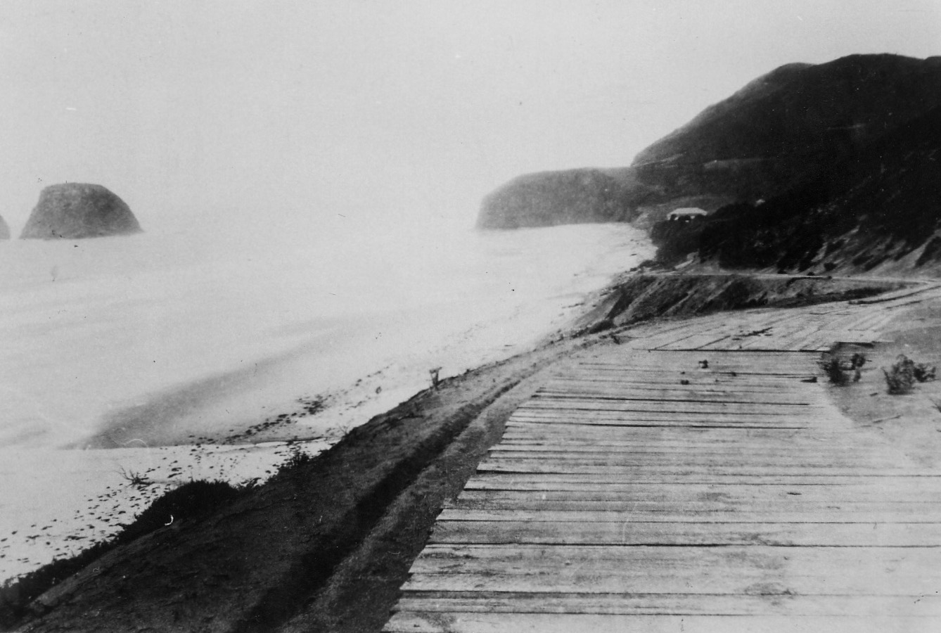 Wood-plank road to Oceanside (opened July 3, 1925). L to R: Finley Rock, Maxwell Point, Dance Hall.