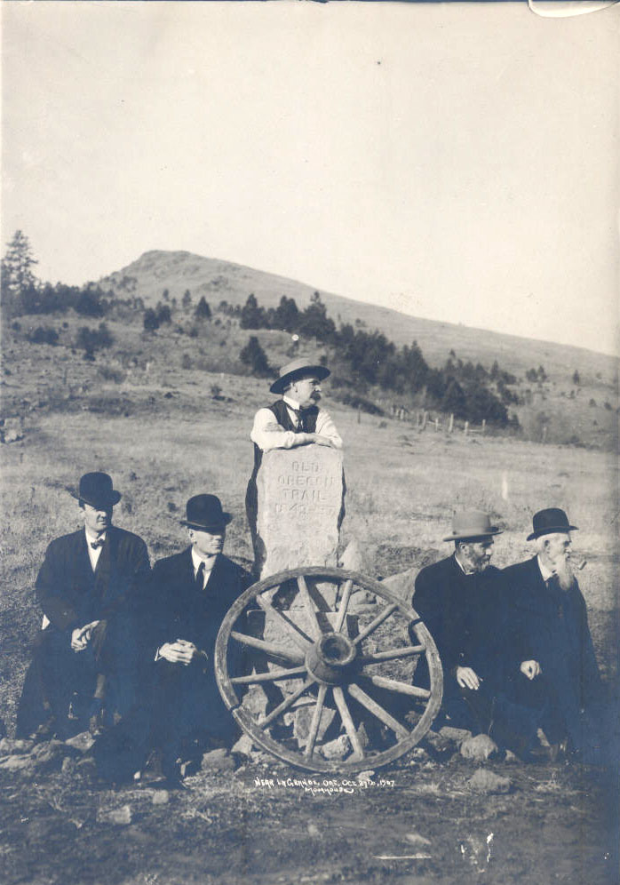 An Old Oregon Trail marker in La Grande, dedicated on October 27, 1907. George Himes from the Oregon Historical Society is seated second from the right.