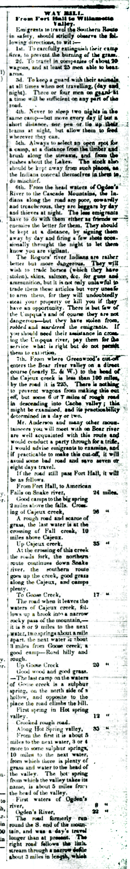 First part of Levi Scott's Applegate Trail waybill, published in Oregon Spectator of Apr 6, 1848.