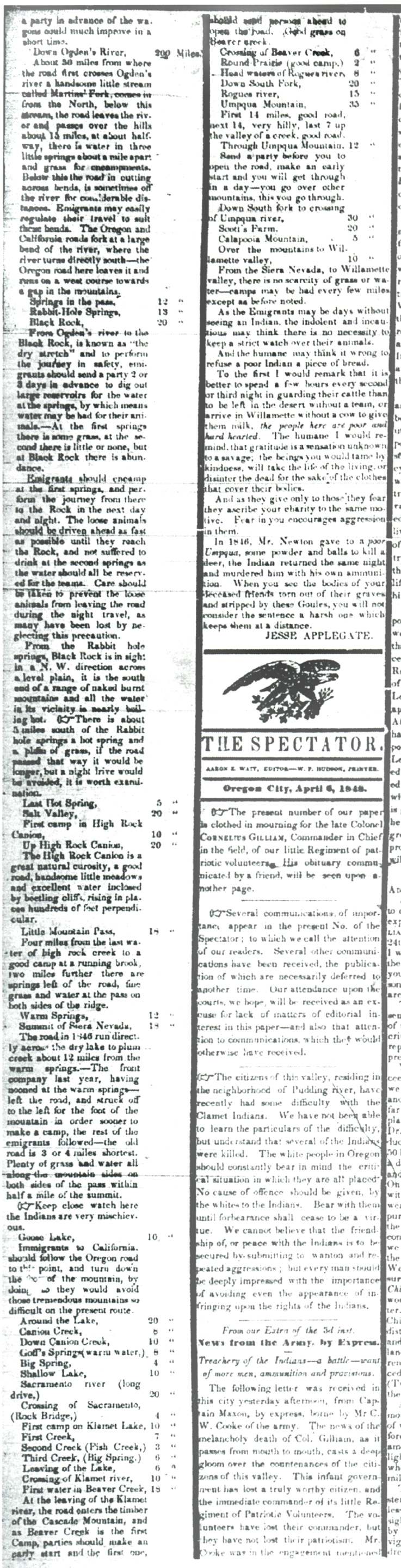 Second part of Levi Scott's Applegate Trail waybill, published in Oregon Spectator of Apr 6, 1848.