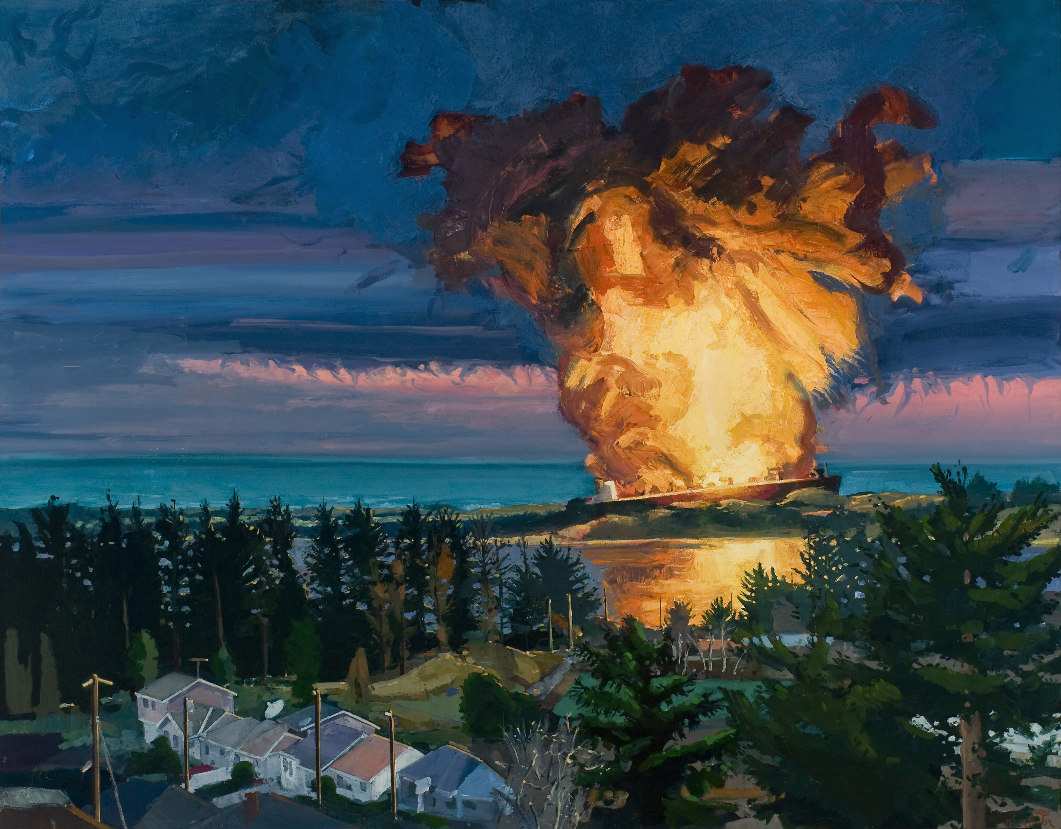 Henk Pander, "The Burning of the New Carissa," oil on linen, 2000.