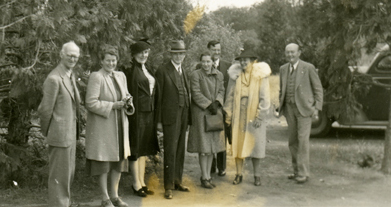 (L to R): Elmer Applegte, Roxana Ferris, Mrs. M. E. Peck, M. E. Peck, Mrs. L. Constance, I. L. Wiggins, MRs. L. R. Abrams, and L. R. Abrams, 1937.