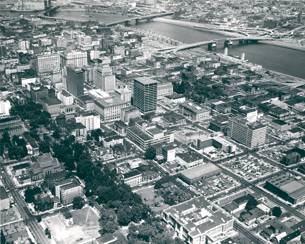 Portland's South Park Blocks can be seen in the lower-left quadrant of this aerial view, June 1963.