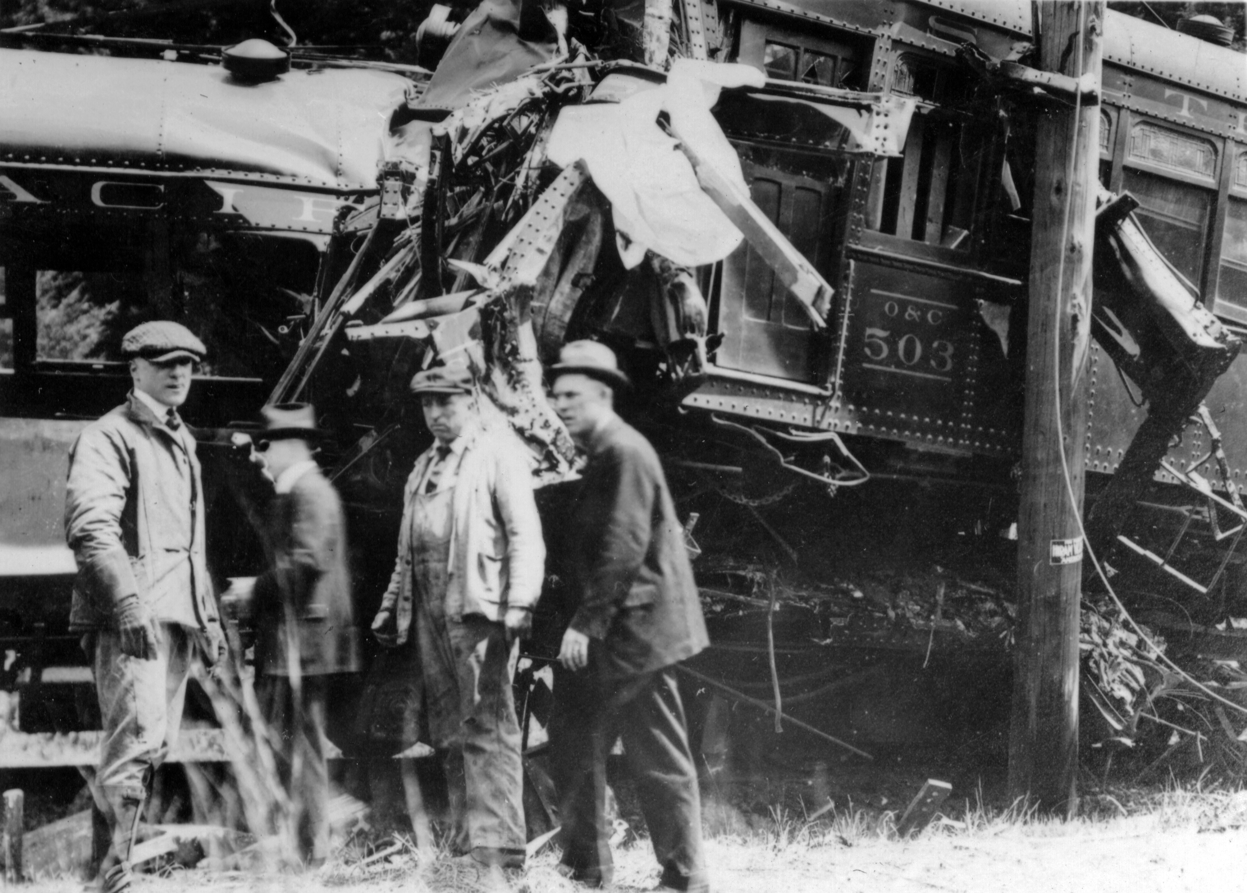 Red Electric collision at Bertha caused eight deaths and was worst accident in Oregon interurban history, May 19, 1920.