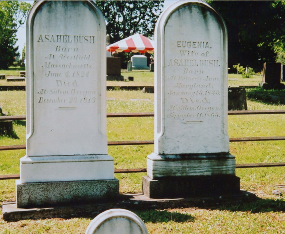Asahel Bush II (1824-1913), founder of Oregon Statesman newspaper, and his wife Eugenia Zieber Bush (1833-1863). Salem Pioneer Cemetery, 2006.