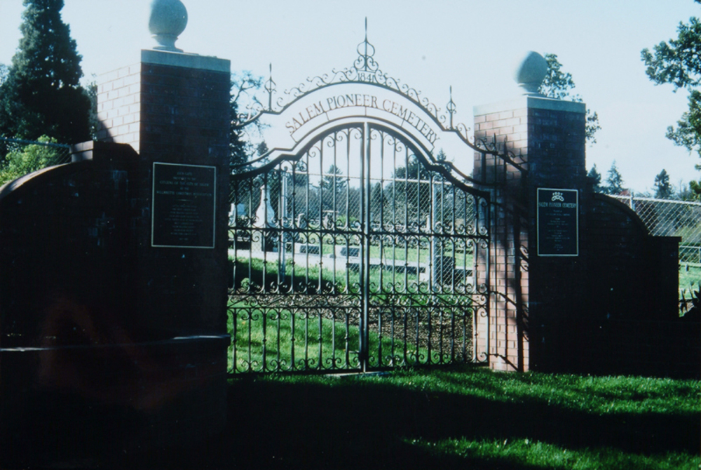 Lychgate on South Commercial Street erected in 1988 at site of original entrance. Salem Pioneer Cemetery, 1991.
