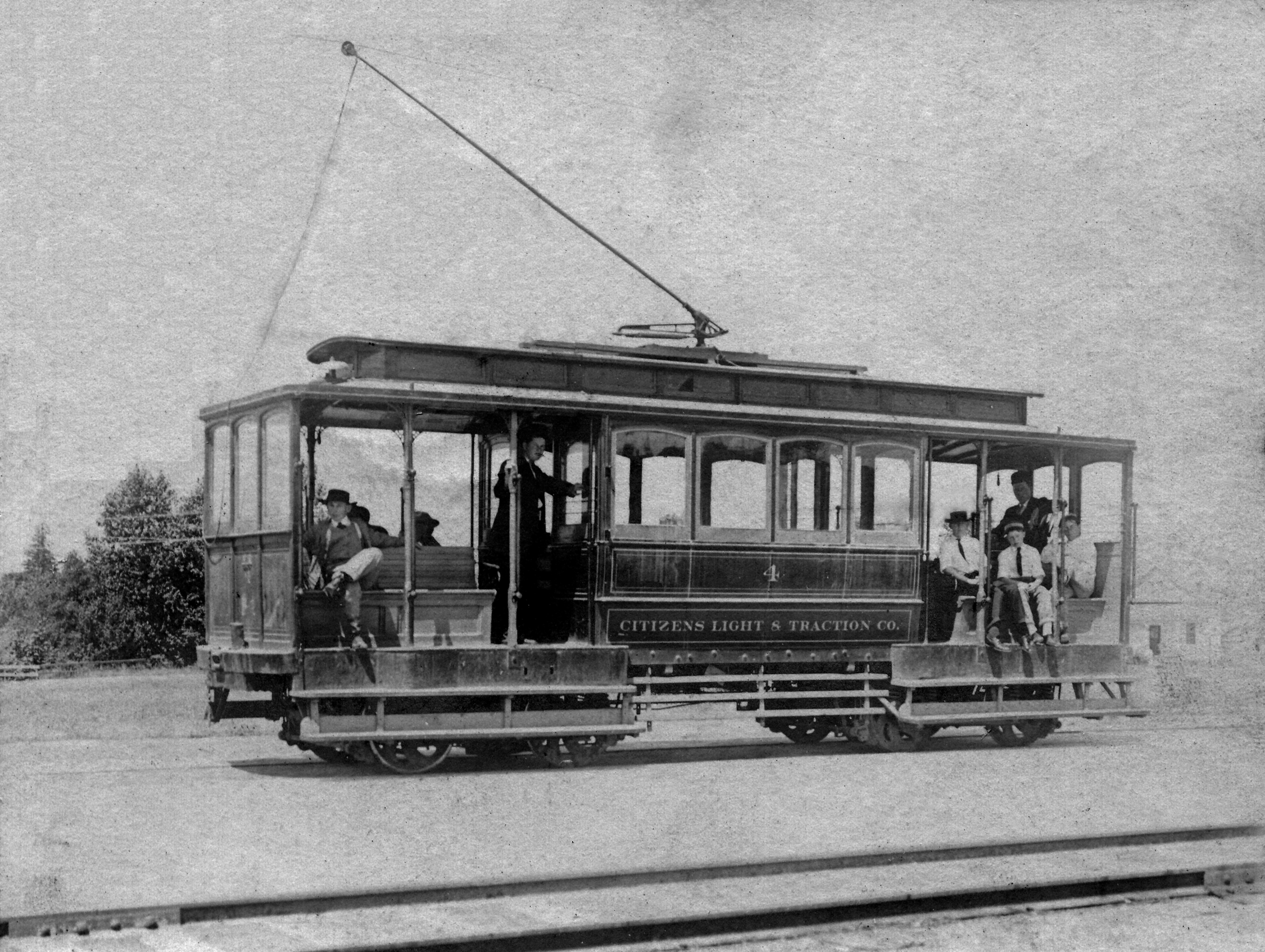 "California style" car on Fairgrounds line, Salem, about 1906.