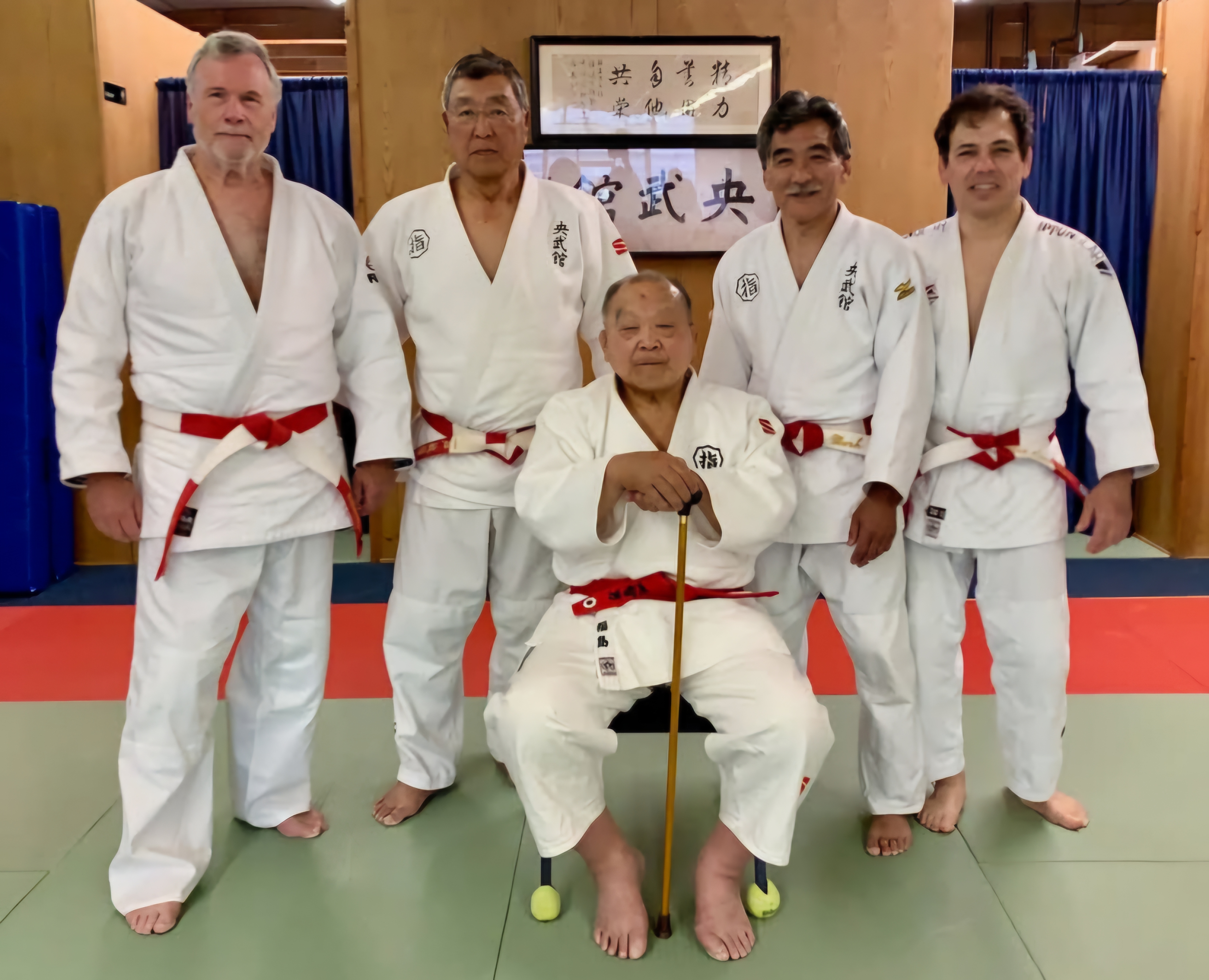 Seated in the center is visiting Kodokan 9th Dan Sensei Fukushima. Left to right, Sensei Dick Middlebrooks (6th Dan), Obukan Head Instructor,  Ichinoe Sensei (8th Dan), Mark Hirota Sensei (6th Dan) and Rod Conduragis Sensei  (6th Dan).