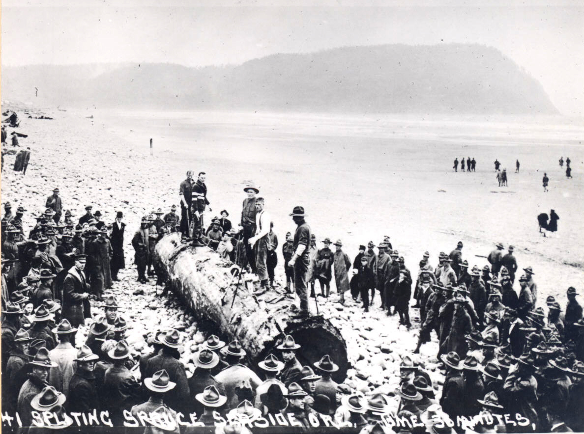 Men are timed as they split spruce logs on the beach.