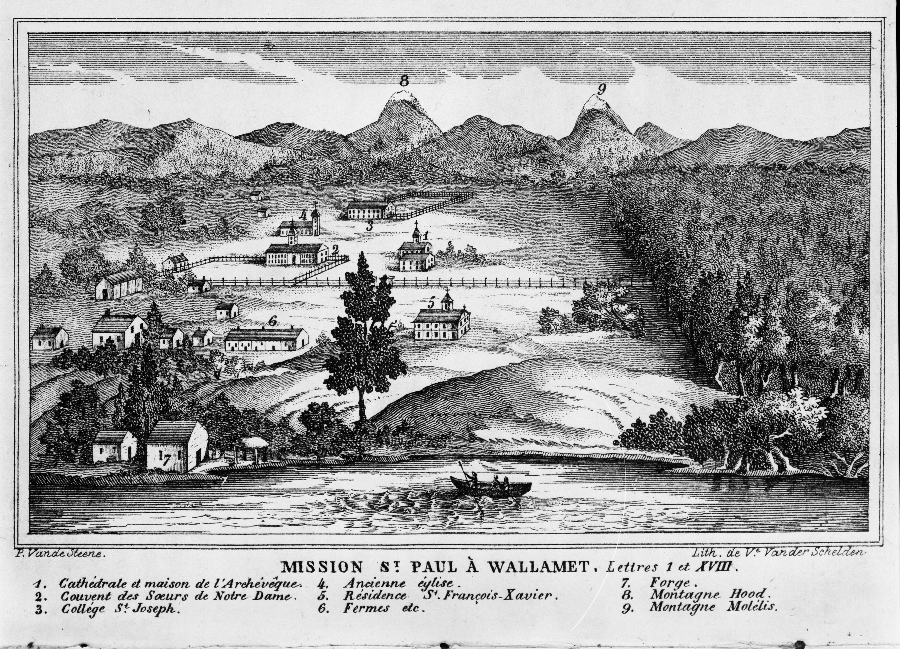 Lithograph of Saint Paul Mission on the Willamette, 1848.