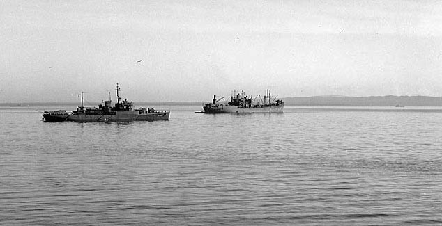 U.S.S. Coos Bay (AVP-25) (l) and seaplane tender USS Tangier (AV-8), Ominato, Japan, Oct. 1945.