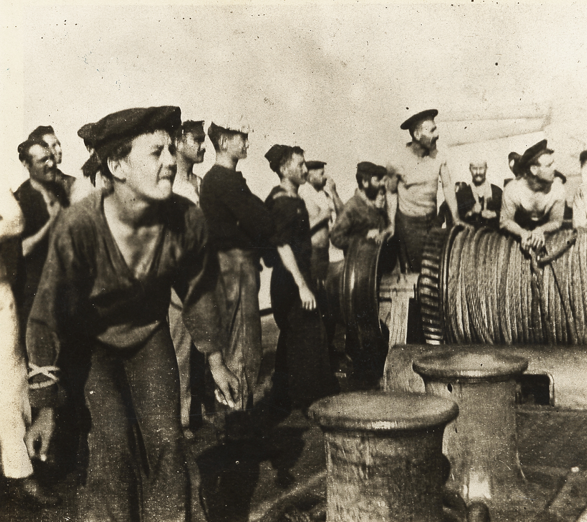 U.S.S. Oregon crew watch during chase of Spanish ship, Battle of Santiago de Cuba, July 3, 1898.