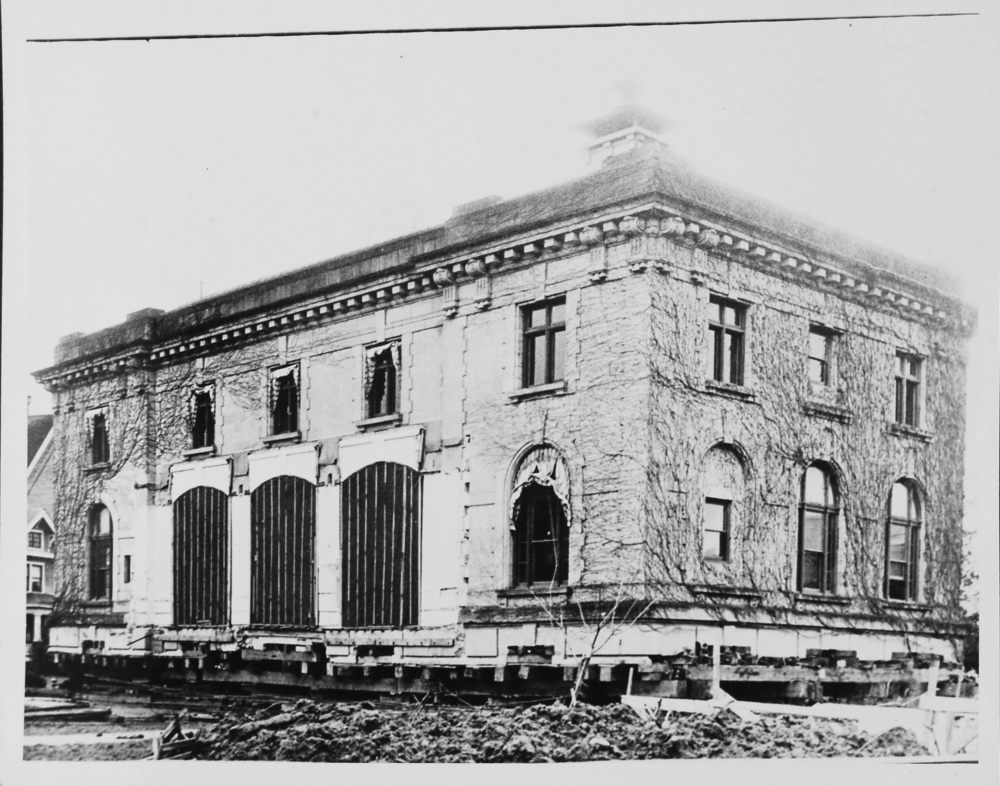 Gatke Hall, home to the College of Law from 1939 to 1967, shown here as the Salem Post Office, being moved in 1938.