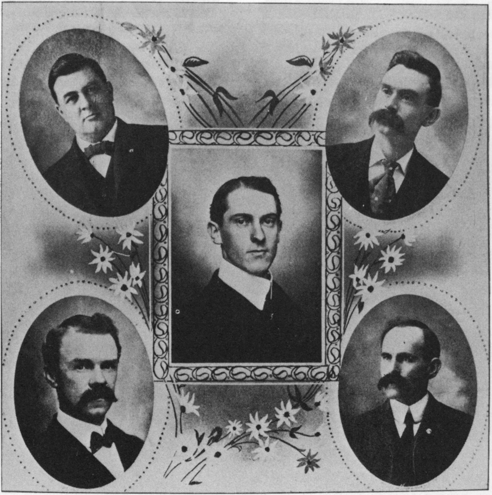 1903 Willamette Univ. law faculty (center) Dean John W. Reynolds, (clockwise from left) George G. Bingham, A.O. Condit, W.T. Slater, and John Bayne.