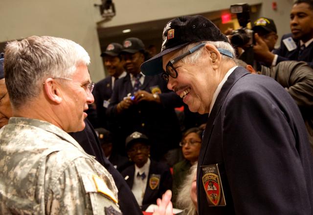 U.S. Army Chief of Staff General George W. Casey Jr. (l) with Roger Walden, one of three survivors of the original "Triple Nickles" unit, March 25, 2011.