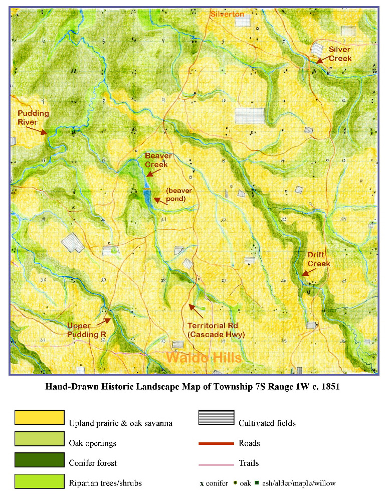 Map representing 1851 vegetation of T7S, R1W, based on survey records, topographical maps, and ecological studies, 2009.