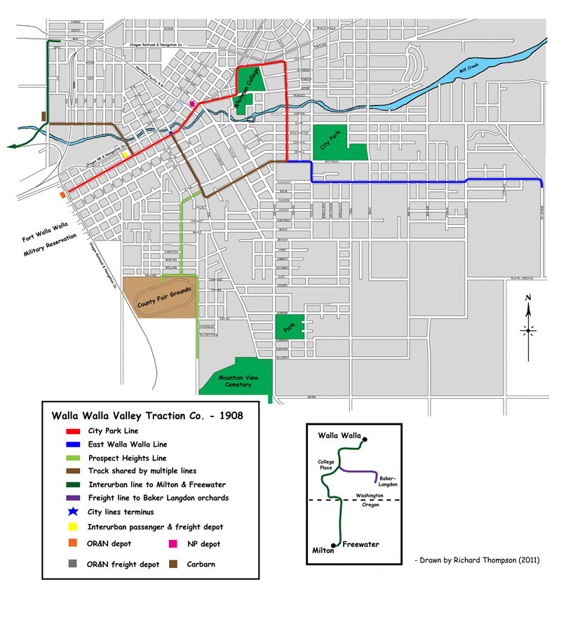 1908 Streetcar Map of Walla Walla showing the three city lines, steam railroad lines, and the interurban to Oregon