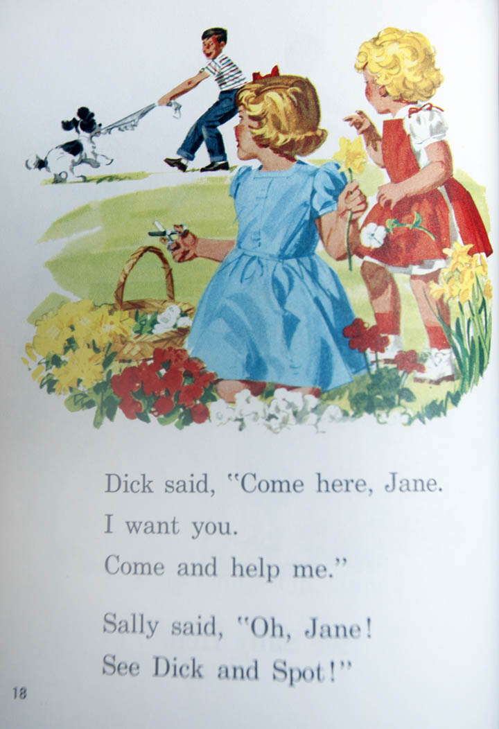 A page from a Dick Wiley-illustrated Dick and Jane Book.  