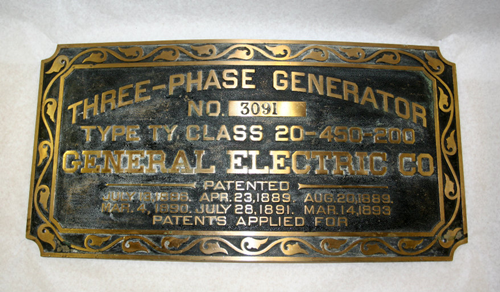 This generator nameplate is likely to be from Station B (Sullivan). PGE opened Station B on Willamette Falls in Oregon City in 1895, and it quickly took over from Station A on the Willamette Falls (PGE's first power station). Renamed in 1953 for Thomas W. Sullivan, the PGE engineer who designed the station.