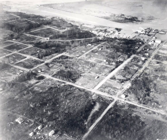 Aerial view of Bandon and the Coquille River, near the site of the massacre
