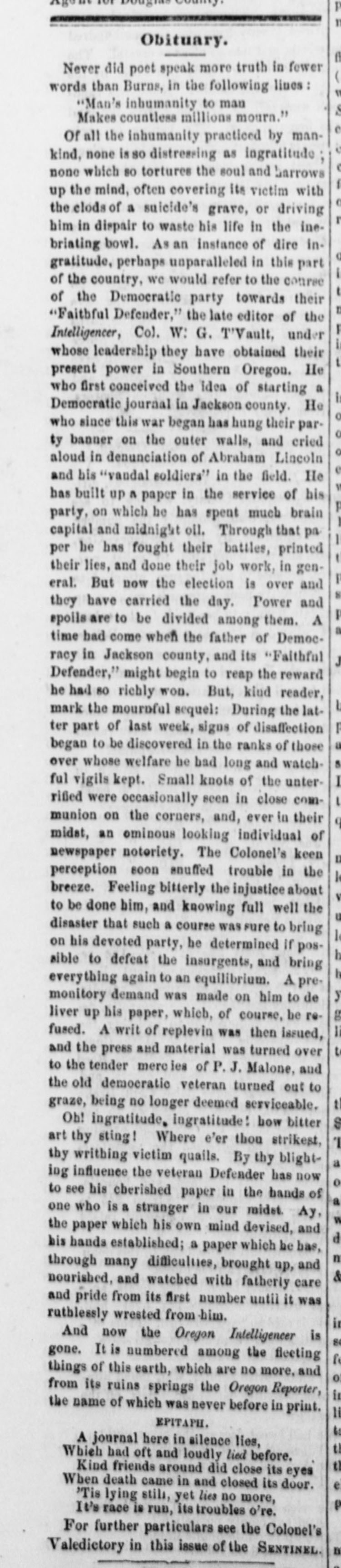 "Obituary" mocking former Sentinel editor W.G. T'Vault, whose anti-Union paper the Oregon Intelligencer folded.
