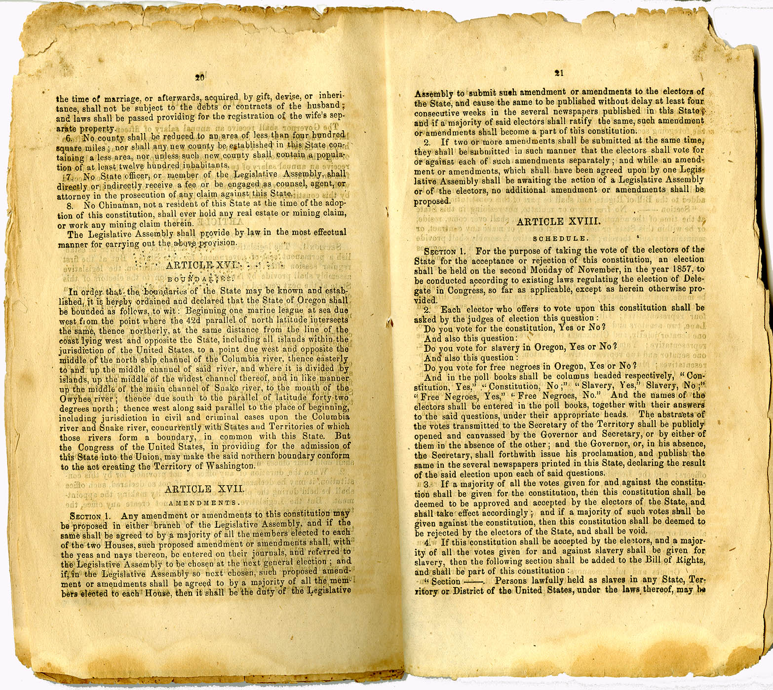 Section of Oregon State Constitution outlining slavery and exclusion laws, from the 1857 document distributed to Oregonians.