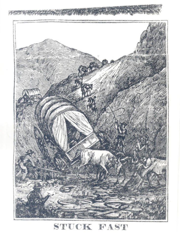 Illustration of one of the many trail hazards: mud. Artist was George H. Baker, and his drawings appeared in Crossing the Plains, by J.M. Hutchings.