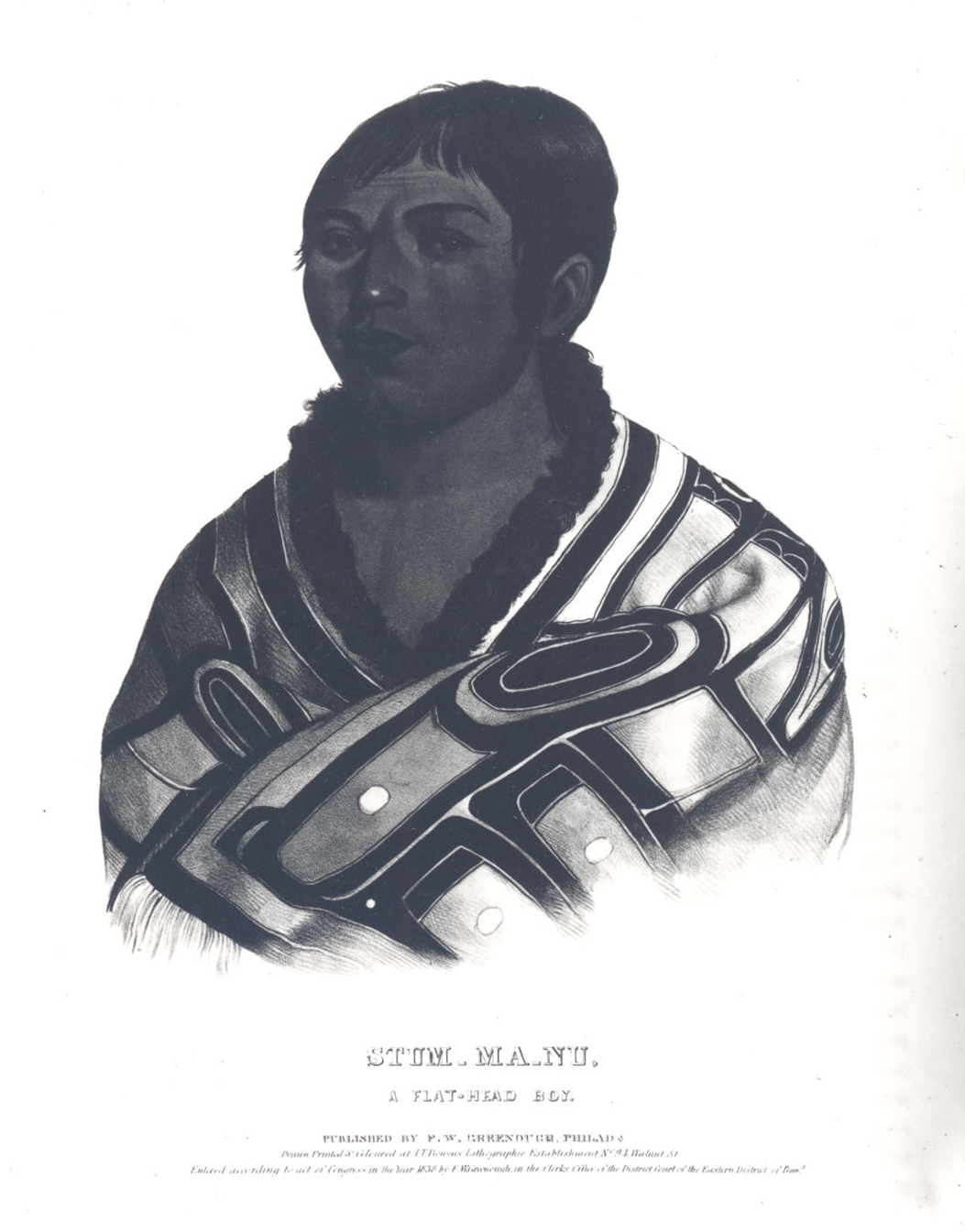 Lithograph, identified as one of the Native American boys who accompanied Lee on his eastern tour. 