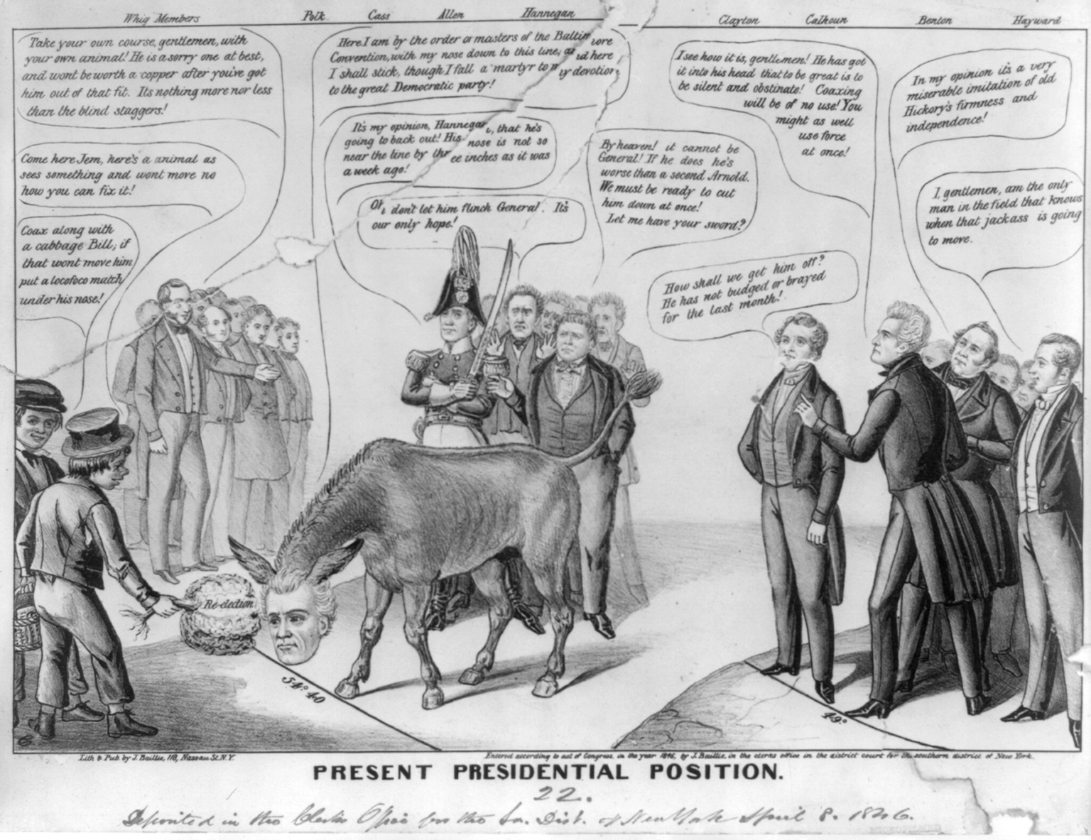 A political cartoon illustrating the debate over the Oregon Question: briefly, Pres. Polk stubbornly clings to the 54'40" boundary line for Oregon Country, risking war with Great Britain over region that had been jointly occupied by the two countries. Benton is shown to the right advocating for the 49th parallel (today's border with Canada).