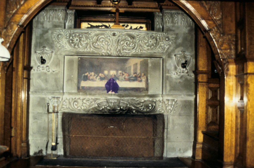 Main hall with carved limestone fireplace