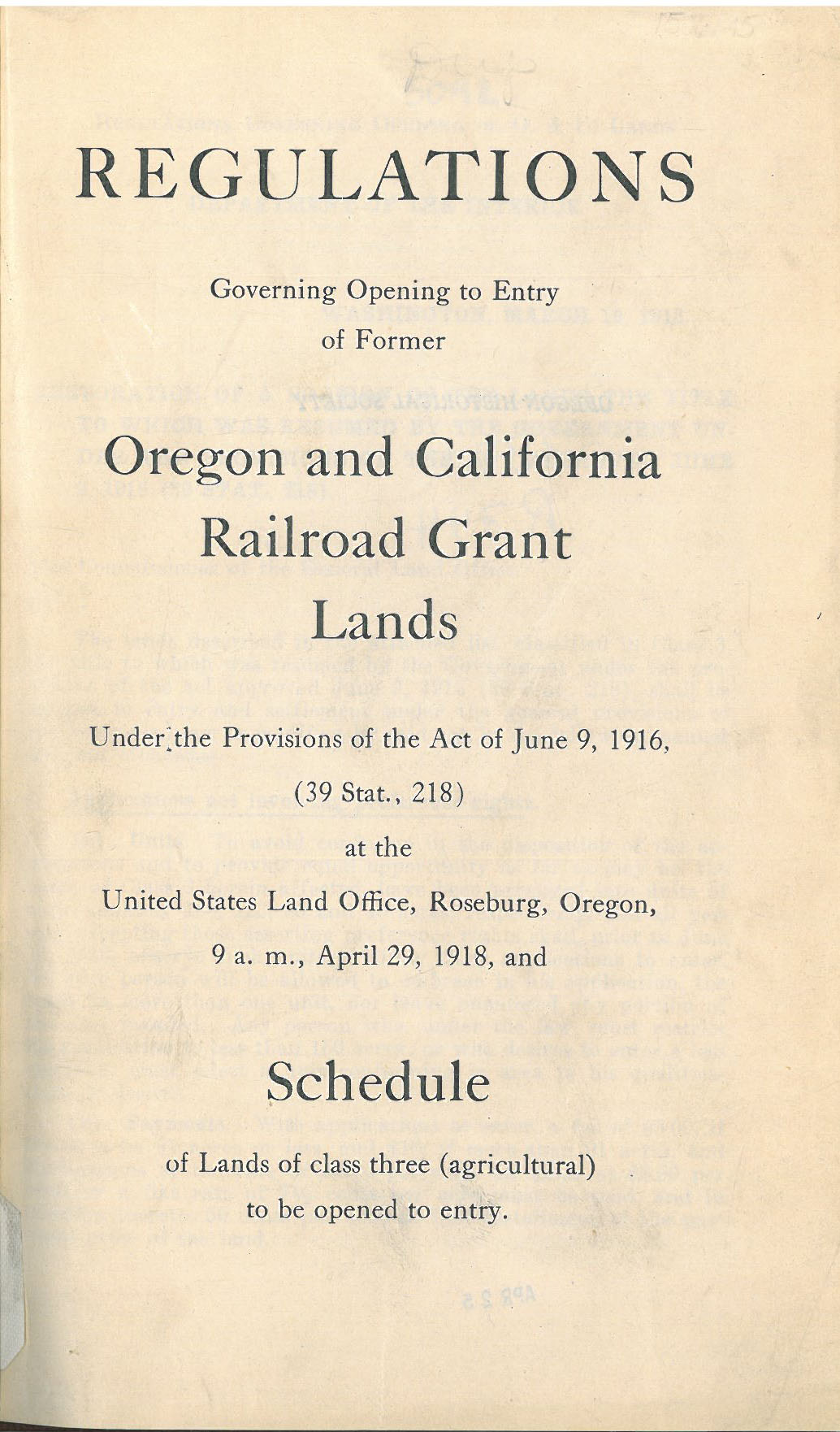 The title page to the U.S. Land Office regulations guidebook for opening O&C lands.