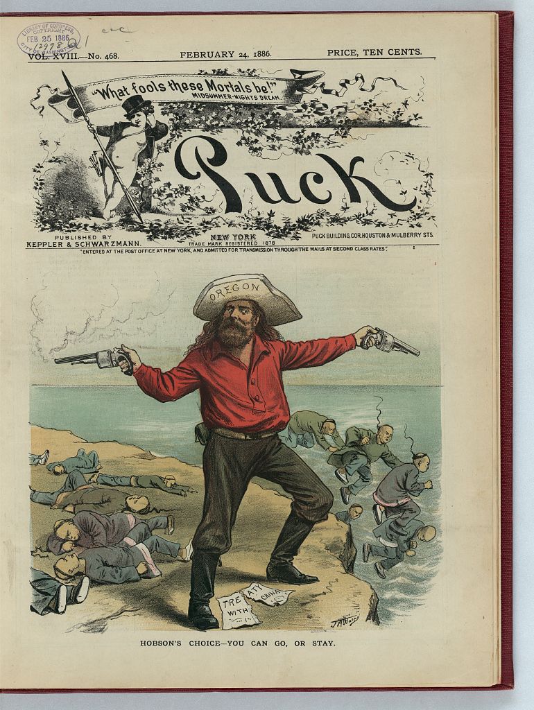 The graphic condemns the attack on Chinese residents in Oregon (likely an immediate response to the Oregon City violence), acknowledging its violation of the 1868 Treaty with China and the inhumanity of the expulsion.