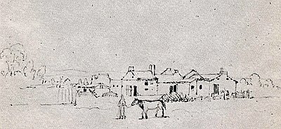 Whitman Mission buildings at Waiilatpu, about 1846.
