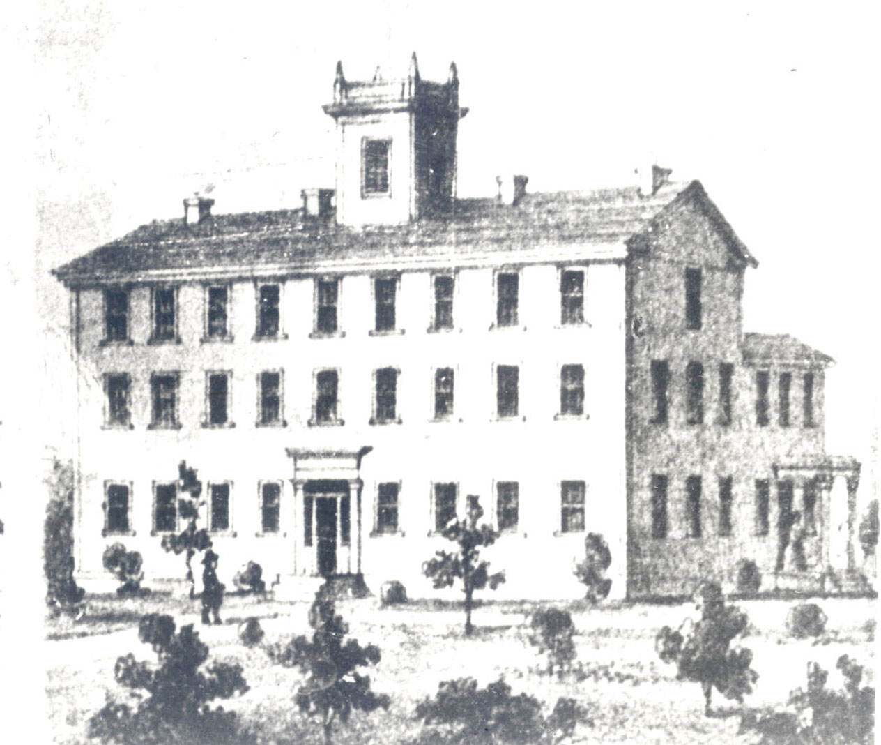 An 1858 sketch of what was then called Wallamet University by artists Kuchel and Dresel. This building burned down in 1872.